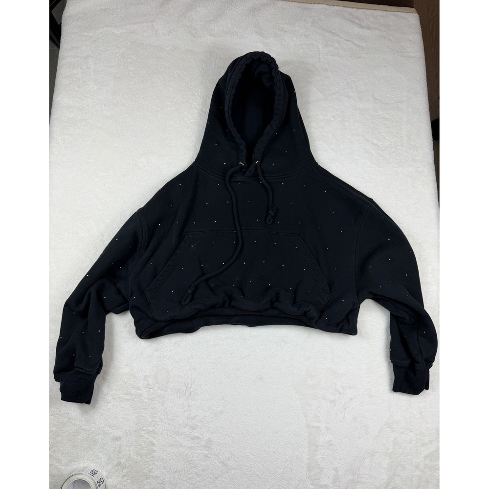 Katie J NYC Small Black Cropped Rhinestone Hoodie Sweatshirt Rainbow Sparkle